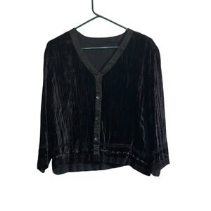 Women XL Black Velvet Button Front Cardigan Top Embellished Trim Whimsigoth Goth